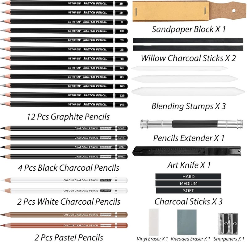 GETHPEN Sketch Pencils for Drawing,34 Pcs,Graphite Pencil (14B-4H), Charcoal Pencil,With Graphite Sticks, Erasers and Sharpener, Art Pencils for Sketching,Artist Set for Beginners and Professionals - Image 2